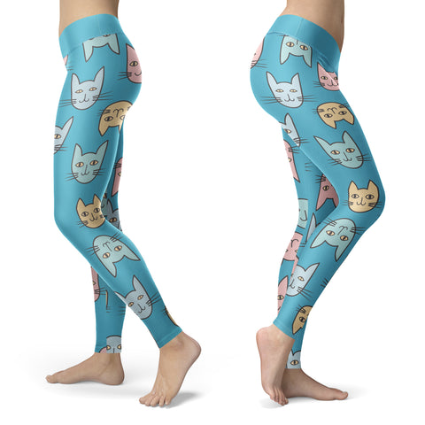 Cute Cat Faces Light Blue Leggings