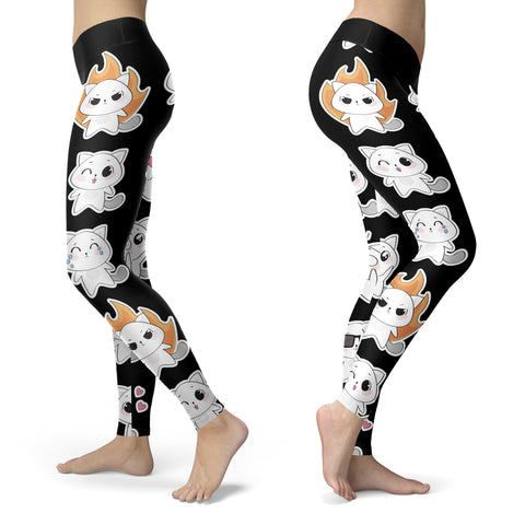 Cat Emoji Faces Black Orange Leggings