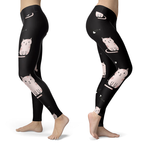 Cute Cat and Fish Bones Black Leggings