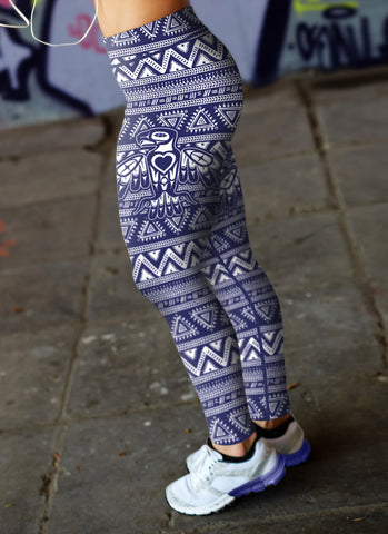 White and Blue Native Bird Pattern Leggings