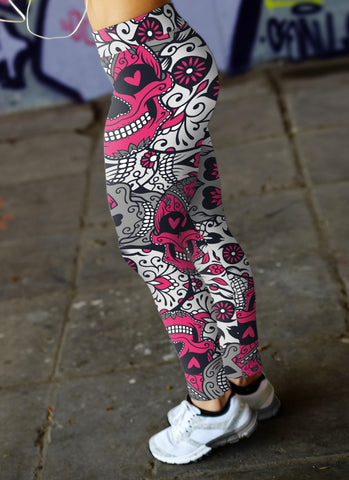 Pink and White Sugar Skull Leggings