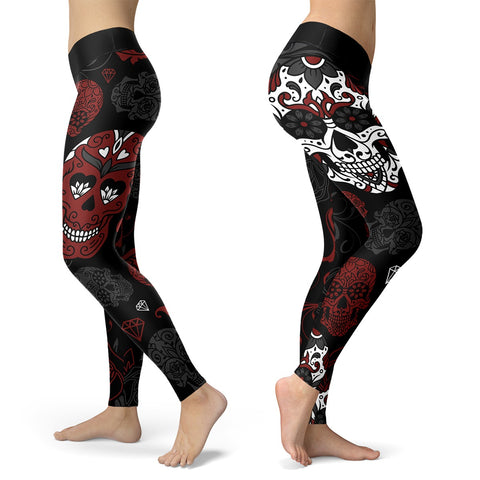 Black and Red Sugar Skull Leggings