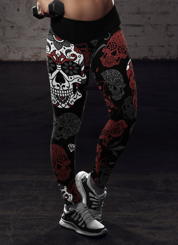 Black and Red Sugar Skull Leggings