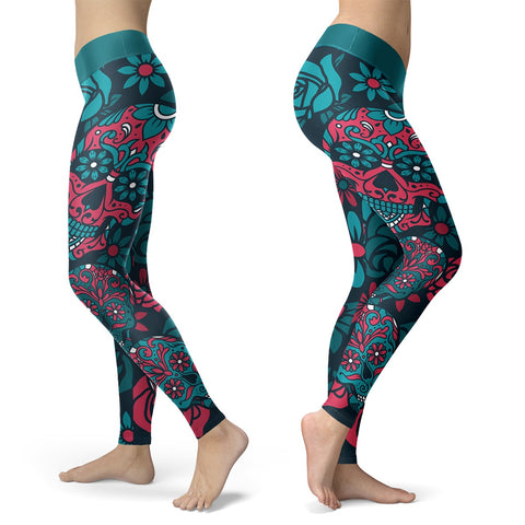 Blue and Red Sugar Skull Leggings